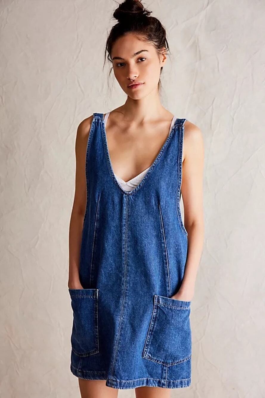 We The Free High Roller Skirtall Sapphire Blue Denim Overall Mini Dress Size Med